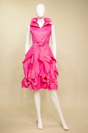 Front of the Wire Collar Duppioni Ruffle Dress from Samuel Dong style S24001 in the color Bougainvillea pink