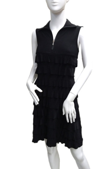 Front of the Half-Zip Ruffle Dress from Tango Mango in the color black