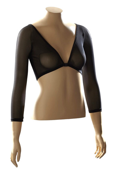 V-neck side of the Reversible Basic Mesh Top with 3/4 Sleeves from Sleevey Wonders style 230103 in the color black