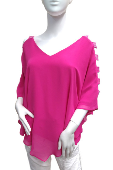 Front of Rhinestone Cut-Out Chiffon Top from Frank Lyman style 248034 in the color bright pink