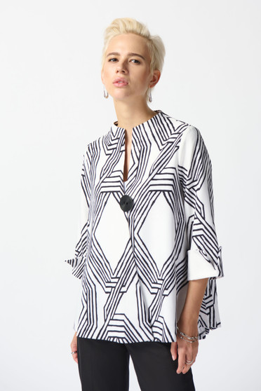 Front of the Lux Twill Geometric Print Trapeze Jacket from Joseph Ribkoff style 242185 in the colors vanilla and black