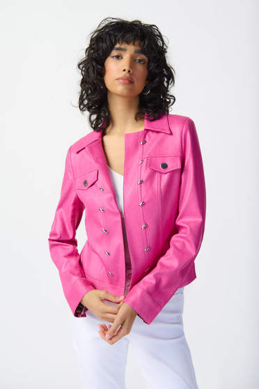 Foiled Suede Jacket With Metal Trims from Joseph Ribkoff style 241911 in the color bright pink