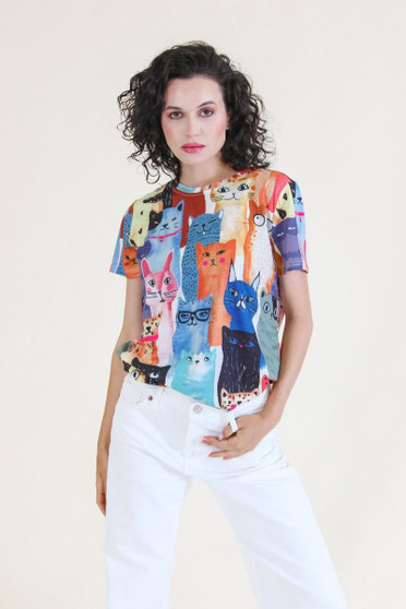 Front of the Cat Print T-Shirt from Funsport style 241992 in the multicolor print