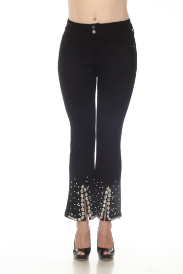 Front of the Rhinestone Split Front Jeans from AZI Jeans style Z12817 in the color black