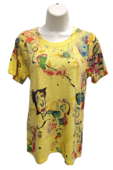 Front of the Graffiti Print T-Shirt from Inoah style T977KY in the multicolor / yellow print