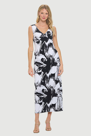 Front of the Tropical Print Empire Waist Maxi Dress from Last Tango style MS1899-238 in the colors black and white