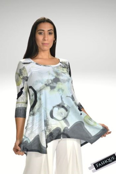 Front of the Asymmetrical Digital Print Tunic from Fashque style T1100-8039 in the colors mint green and gray