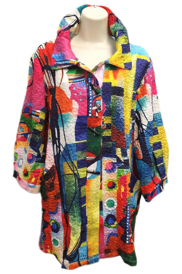 Front of the Abstract Print Button Jacket from Fashion Cage style AM102-1 in the multicolor print