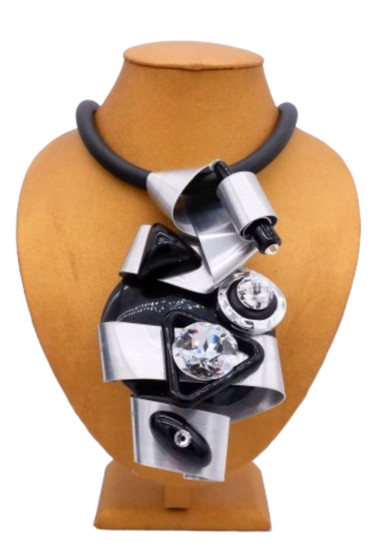 Black and Silver Ribbon Statement Rubber Necklace SKU 27420 from Jeff Lieb