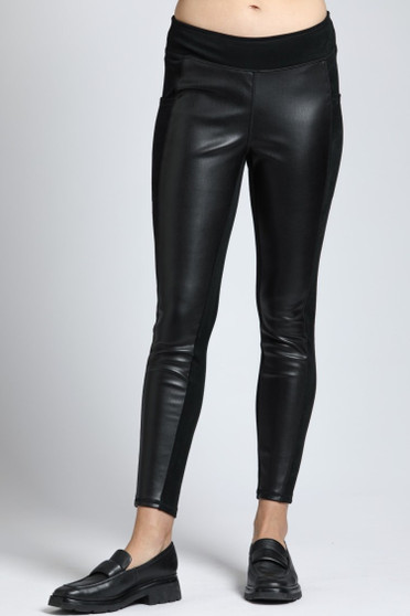 Front of the Vegan Leather Mixed Media Leggings style K2A from APNY in the color black