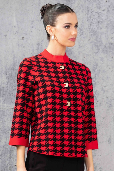Front of the Houndstooth Print Knit Cardigan style A44182 from Alison Sheri in the colors red and black