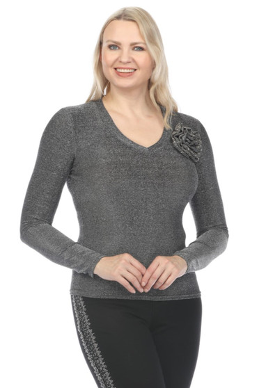 Front of the Metallic V-Neck Flower Top style Z12981 from AZI Jeans in the color silver