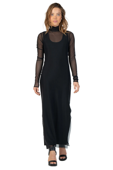 Front of the 2-Piece Mesh Long Sleeve Slit Dress style D13019 from Eva Varro in the color black