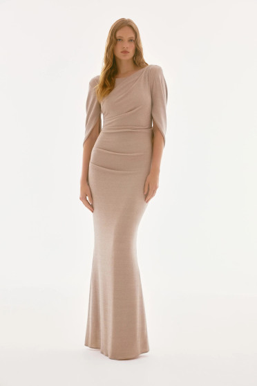 Front of the Lurex Knit Draped Trumpet Gown style 251703 from Joseph Ribkoff in the color champagne