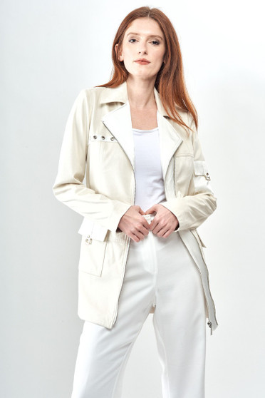 Front of the Cargo Pocket Long Jacket style BCJ7806 from Insight New York in the color taupe