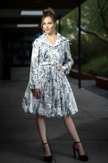 Front of the Classic Bubble Coat Dress style 11665 from Samuel Dong in the NYC print