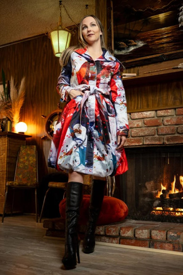Front of the Classic Bubble Coat Dress style 11665 from Samuel Dong in the Orange/Marine print