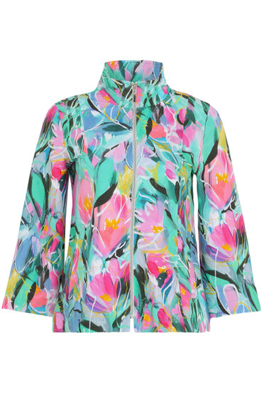 Front of the Pure Joy Floral Zip Jacket style 25669 from Dolcezza in the multicolor print