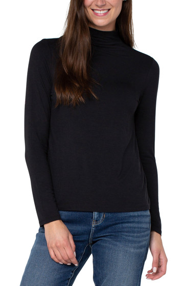 Front view of the Liverpool Long Sleeve Mock Neck Top in the color Black