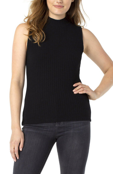 Front view of the Liverpool Sleeveless Mock Neck Rib Knit Top in the color Black