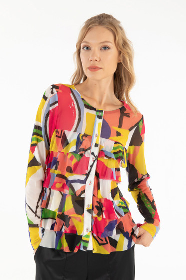 Front of the Printed Cha Cha Cardigan style 485-0935 from Isle in the Elysee print