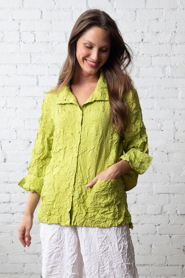 Front of the Travel Scrunch Collar Jacket style 600386 from Olivia in the color lime