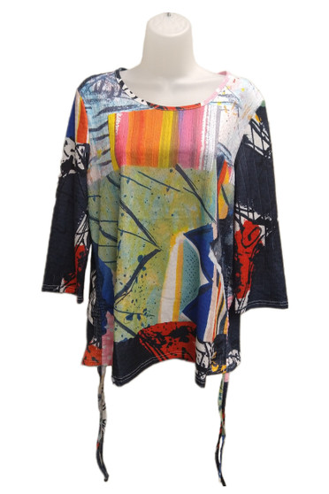Front of the Ruched Side Tie Blouse style ART01 from Fashion Cage in the multicolor print