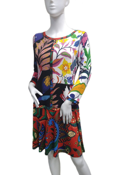 Front of the Foliage Print Banded Dress style D12769DLQ from Eva Varro in the Megan Co print