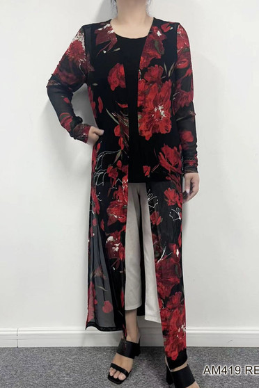 Front of the Floral Mesh Duster style AM419 from Fashion Cage in the color red