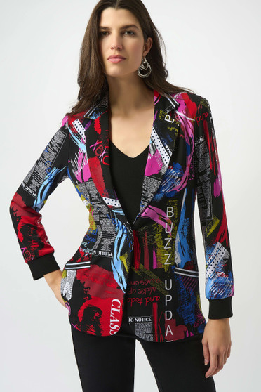 Front of the Silky Knit Word Print Straight Blazer style 253090 from Joseph Ribkoff in the multicolor print