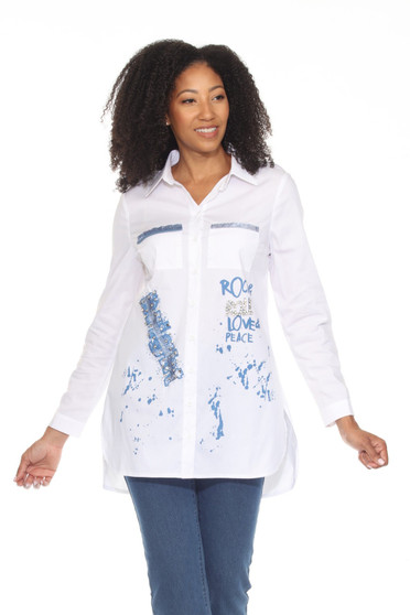 Front of the Rock-N-Roll Button-Up Blouse style Z11760 from AZI Jeans in the colors white and blue