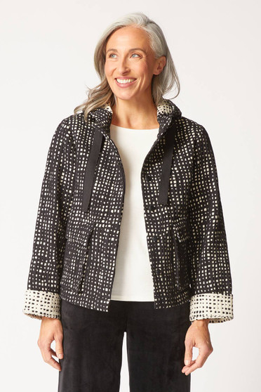 Front of the Checkered Print Hooded Cargo Jacket style 21826 from Habitat in the color black