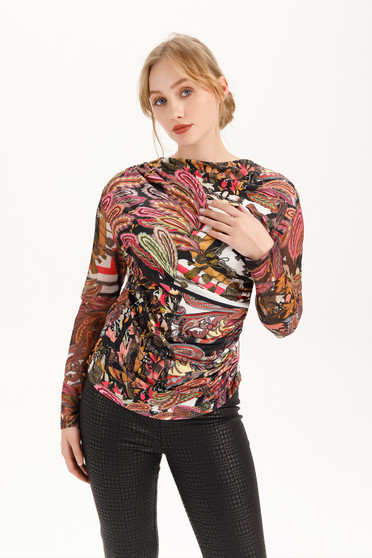 Front of the Ruched Mesh Sleeve Top style 421-15215 from Isle in the Pubol print