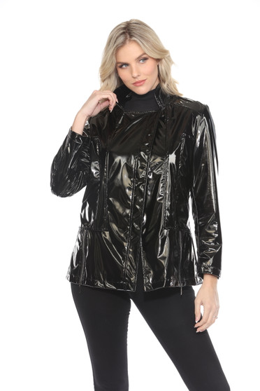 Front of the Patent Leather Asymmetrical Jacket style J2515W from Lindi in the color black