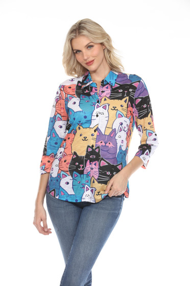 Front of the Cat Print Button Up Blouse style 89044 from Tango Mango in the multicolor print
