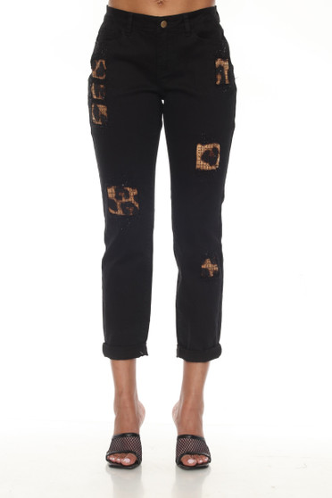 Front of the Blingy Animal Print Patch Jeans style Z13150 from AZI Jeans in the color black