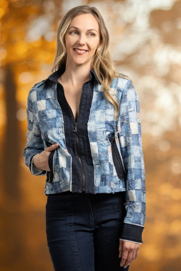 Front of the Denim Patchwork Zip Up Jacket style F25018 from Samuel Dong