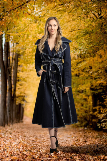 Front of the A-Line Denim Coat Dress style F25031 from Samuel Dong