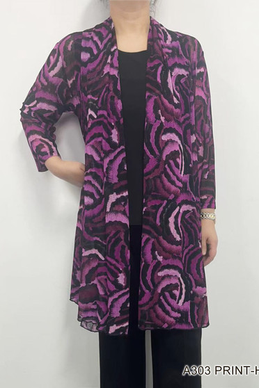 Front of the Purple and Black Mesh Cardigan style A303-H1 from Creation in the purple / multi print