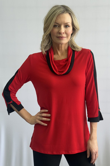 Front of the Red and Black Cowl Neck Tunic style 102319 from Soft Works in the colors tomato and black