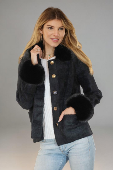 Front of the Faux Fur Sweater Coat style 12541FF from Metric Knits in the color black