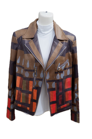 Front of the Geometric Print Moto Jacket style BCJ17671MPRF from Insight in the Color Play print
