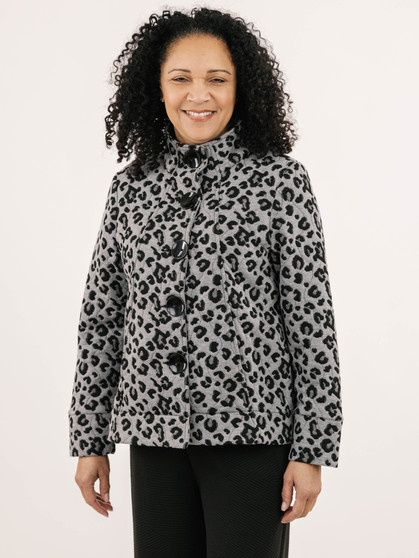 Front of the Julia Leopard Print Jacket style 1805 from Shannon Passero in the grey leopard print