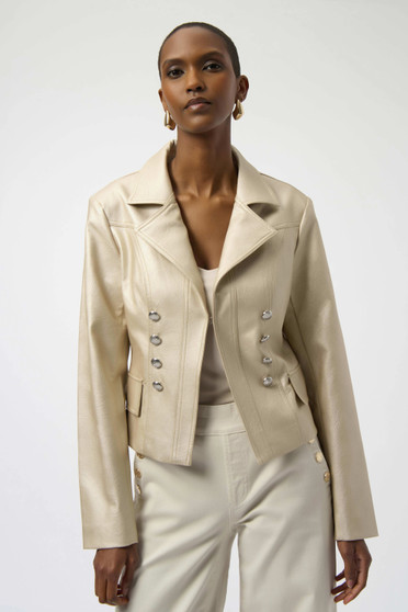 Front of the Leatherette Notched Collar Fitted Jacket style 254925 from Joseph Ribkoff in the color gold