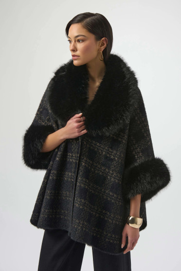 Front of the Jacquard Sweater Knit Cape with Faux Fur Accents style 254934 from Joseph Ribkoff in the colors black and gold