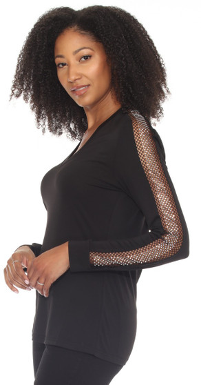 Side of the Mesh Rhinestone Sleeve Blouse style Z13166 from AZI in the color black