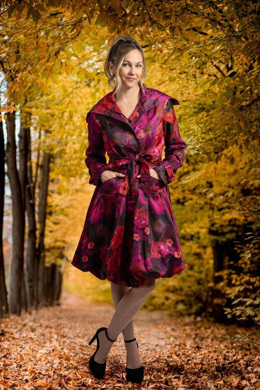 Front of the Floral Print Bubble Coat Dress style 11665 from Samuel Dong in the colors red and violet