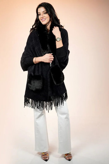 Front of the Faux Fur City Shrug from Shawl Dawls in the color black