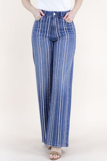 Front of the Shimmery Pinstripe Wide Leg Jeans style LW04116R-DM from Original USA in the color denim