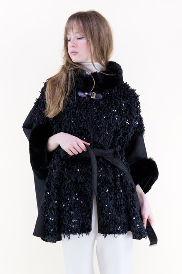 Front of the Eyelash Sequins Cape style FP60543-BK from Original USA in the color black